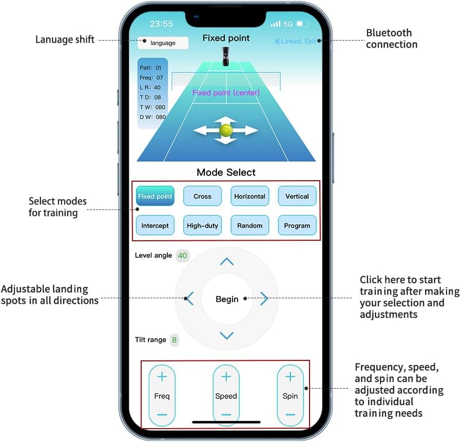 Screenshot of the HT8088A Tennis Ball Machine mobile app interface