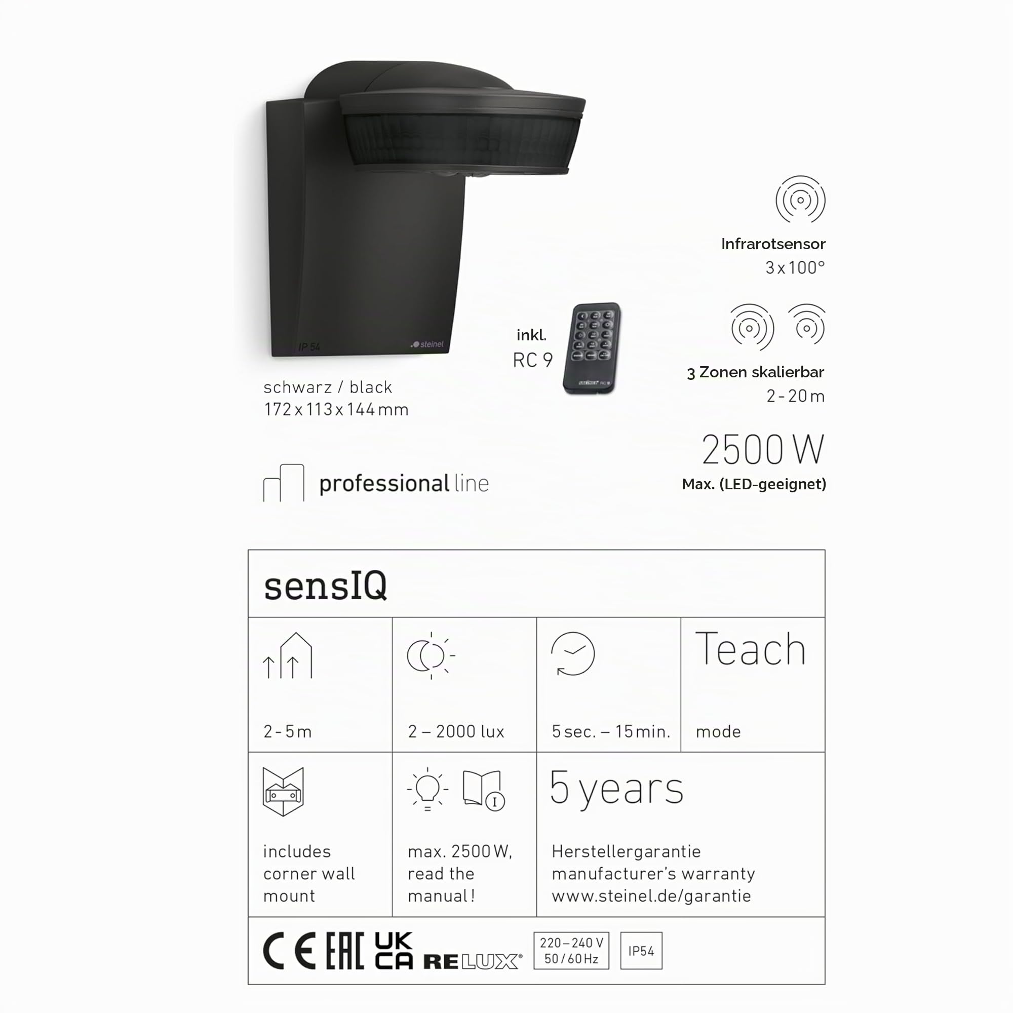 Steinel 29579 Infrarot-Bewegungsmelder sensIQ schwarz, 300°|20 m Sensor, 2500 W, Dauerlicht, Montage an Wand, Ecke oder Decke