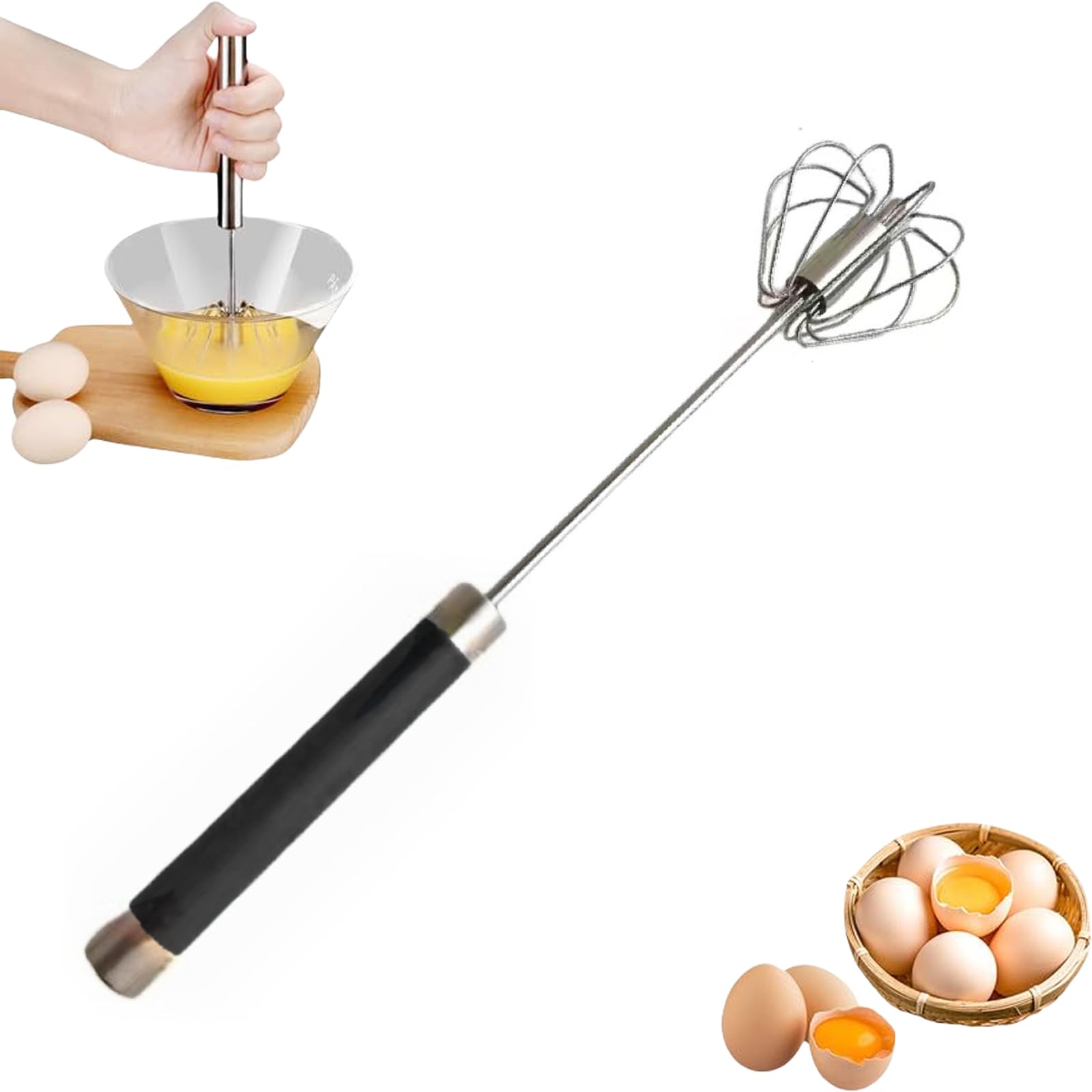 Stainless Steel Semi-Automatic Whisk, Kitchen Egg Beater Whisk, Hand Mixer, Egg Scrambler Push Whisks for Cooking, Hand Whisks for Baking Making Cream Beating and Stirring (Black, 10inch)