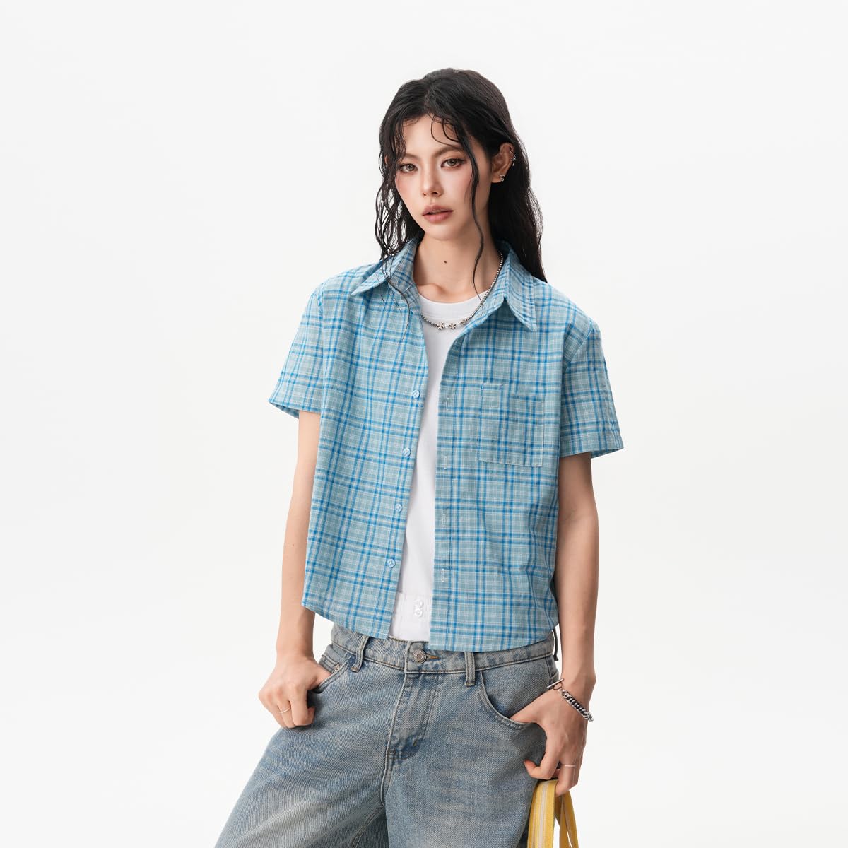 Chemise Femme à Carreaux Vintage, Manches Courtes, Slim