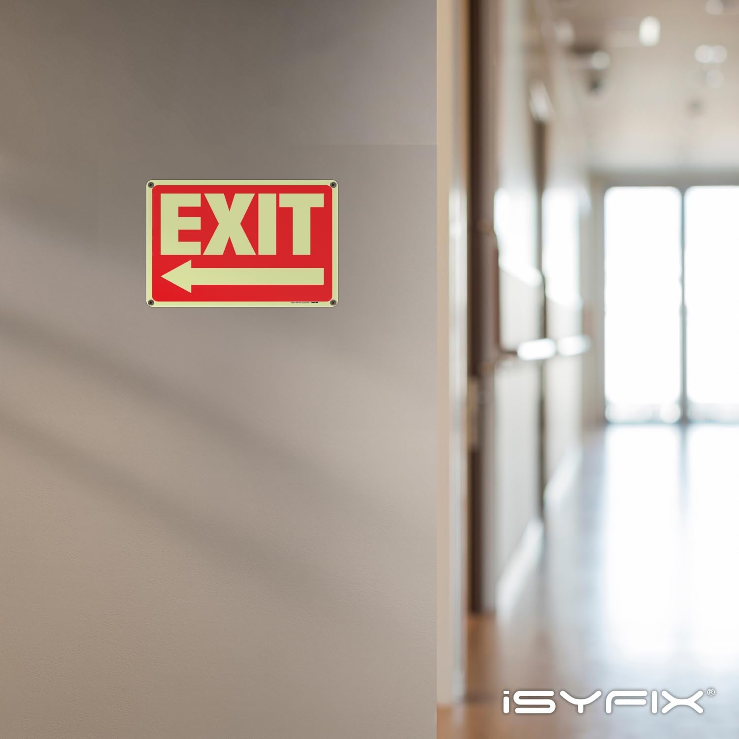 iSYFIX Exit Signs with Directional Left Arrow, Glow in the Dark, Photoluminescent Aluminum 10x7 Inch - 2 Pack, Laminated for UV & Weather Resistance, Ideal for Offices, Schools, Theaters & More