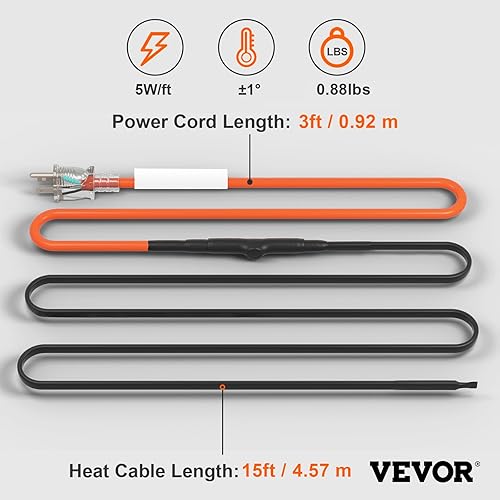 Miniatura 59 de VEVOR Cable de calefacción de tubería autorregulable, cinta térmica de 3 pies y 5 W/pies para protección contra congelación de tuberías, cable