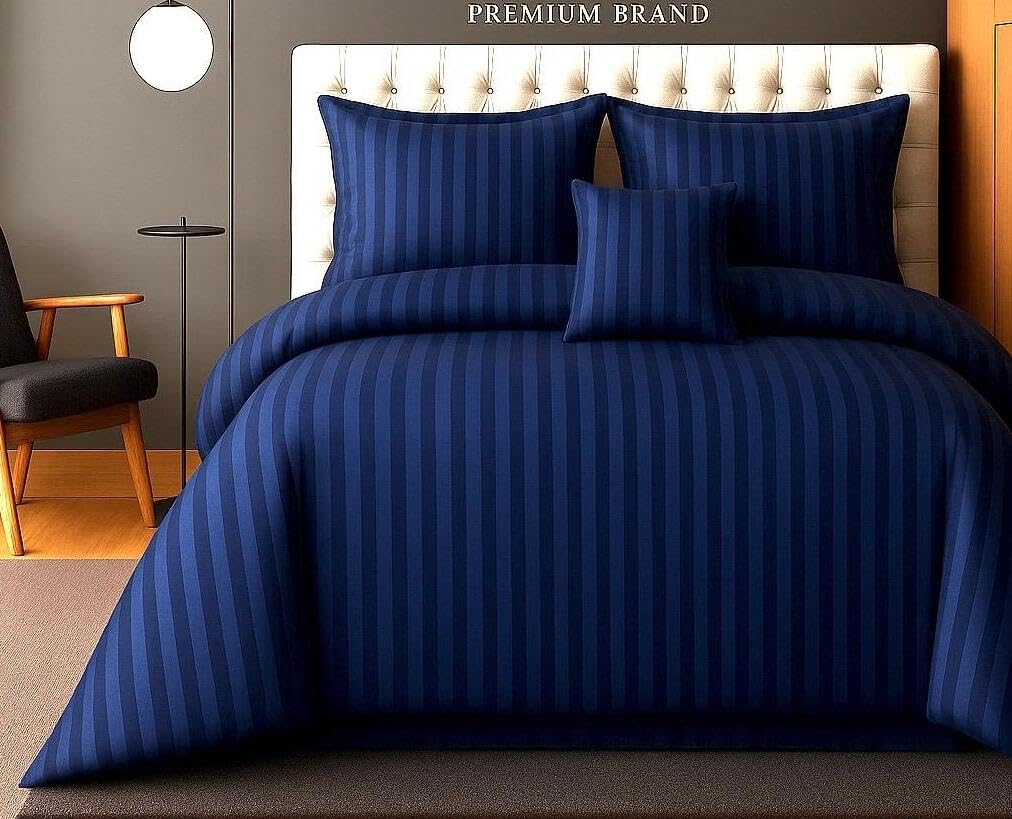 400 TC 100% Cotton Feel Solid Stripe Bedsheet – Queen Size 90"x100" with 2 Pillow Covers/Single Size 60"x90" with 1 Pillow Cover – Soft & Breathable (Navy Blue, Queen)-image-4