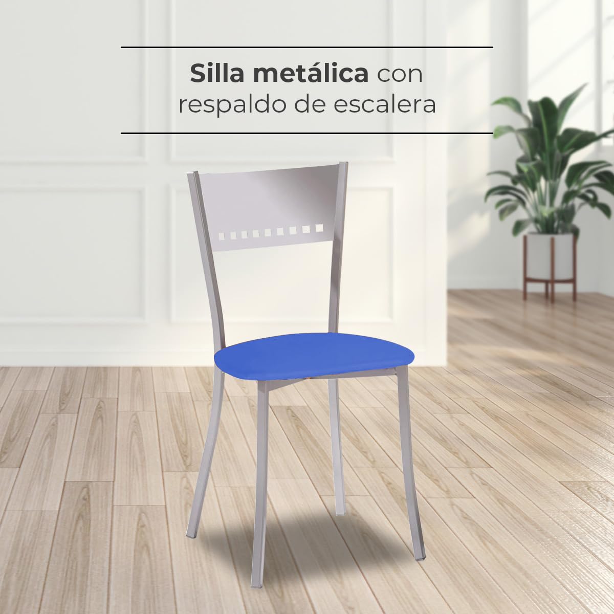 ASTIMESA 2 Sillas metálicas con Respaldo de Escalera y Asiento tapizado - Estructura Color Aluminio - Asiento en Polipiel Azul