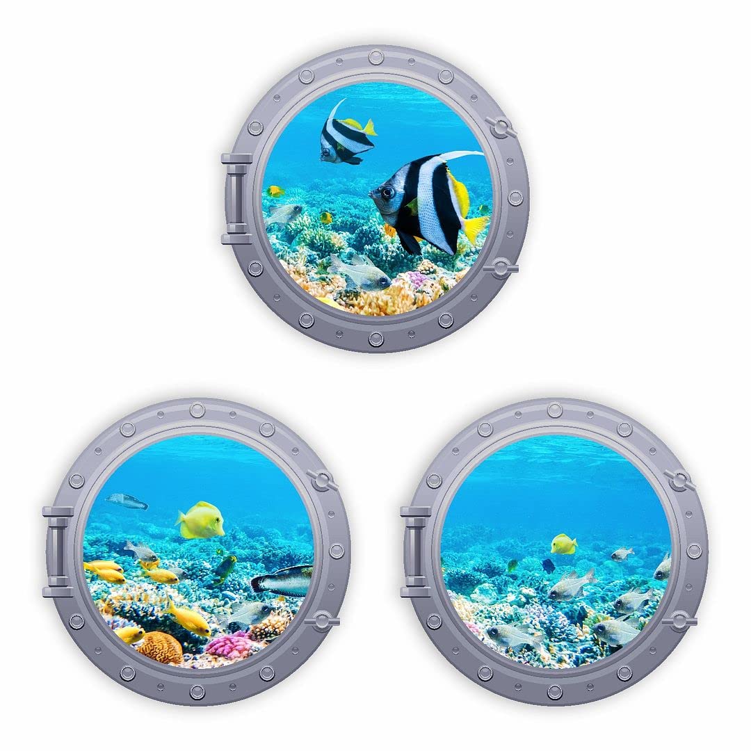 KREEPO Colourful Fishes Under-Water Mock Window View Wall Sticker Decal for Home Decor to Increase Charm of Your Wall Multicolor Size(35CM X 35CM)