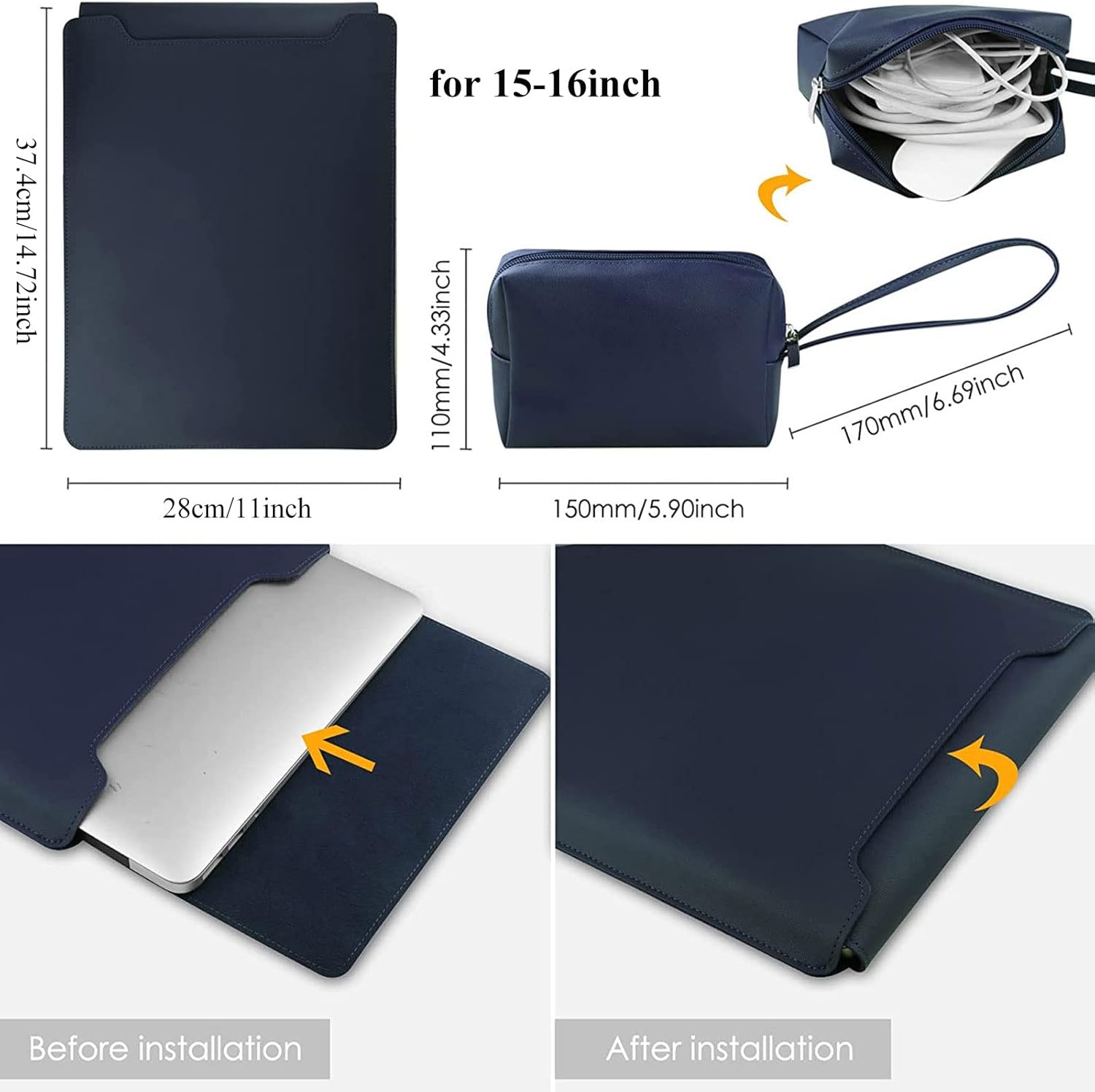15-16 inch Laptop Sleeve Case with Stand,Boshiho Slim Laptop Carrying Case Waterproof Leather Computer Protective Cover Bag with Pouch (for 15-16in Laptop, Dark Blue)