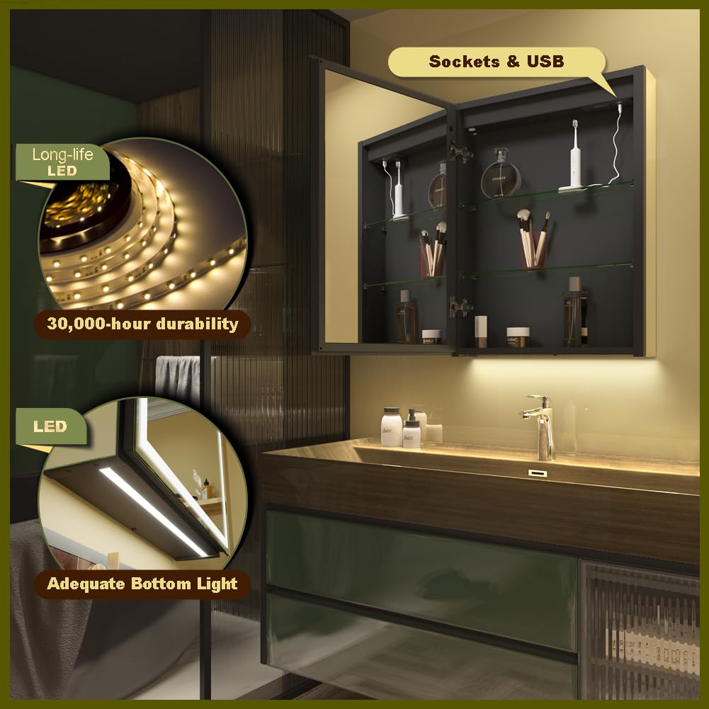 GANPE LED Beleuchtetes Badezimmer Medizin Spiegel Schrank, Defog, Stufenloses Dimmen, Speicher 3-Farben Modus, Speicher Regale, Steckdosen & USBs (Linkes Scharnier, 50 x 70 cm)