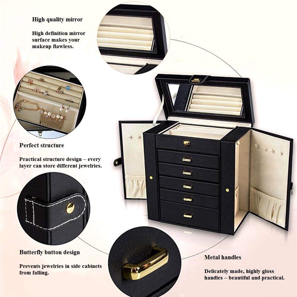 Caja de Almacenamiento de Joyas de Cuero Negro para Collares. Ofrece Cuatro Capas con Cierre de Seguridad para Guardar Joyas.