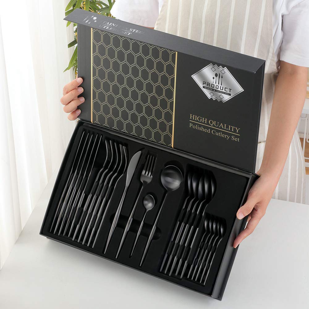 Juego de cubiertos YDware, 24 piezas de acero inoxidable, cubertería para 4, vajilla negra con caja de regalo, acabado mate