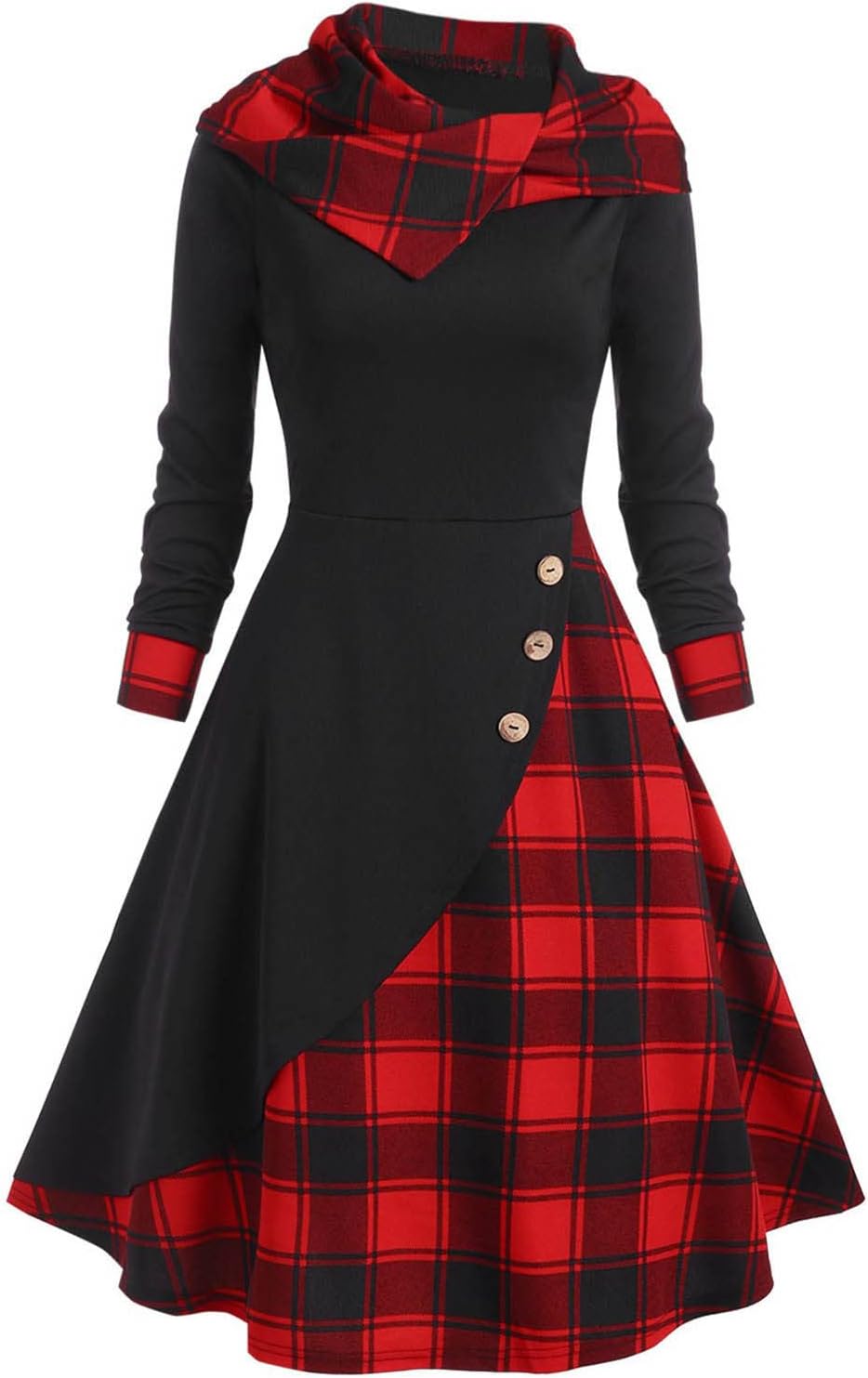 Womens Vintage Gothic Steampunk Dress Casual Plaid Patchwork Button Hooded Dress Retro Rockabilly Punk Hippie Dresses