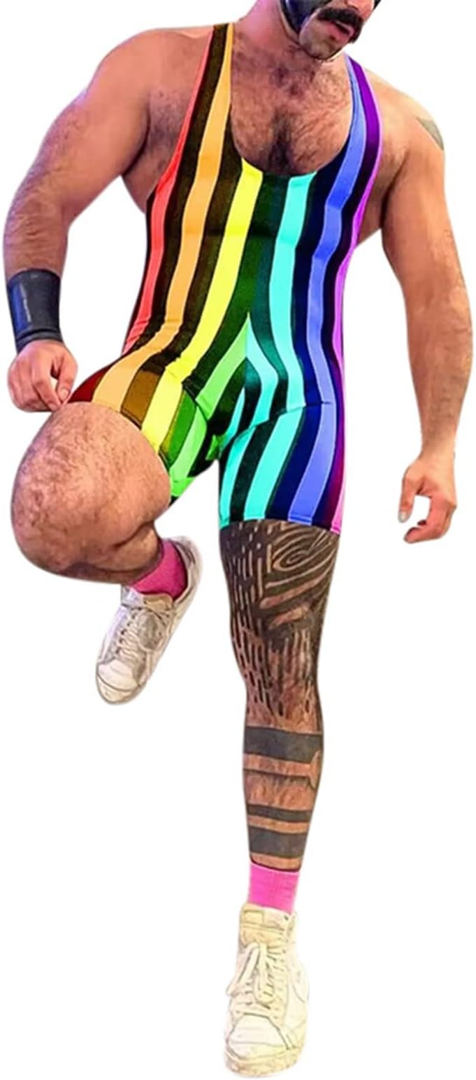 Men's Rainbow Bodysuits Jumpsuit Tank Top Shorts Jumpsuit Men's Sleeveless Body Striped Tank Top Undershirt with Slim Fit Boxer Shorts Men's One-Piece Bodysuit