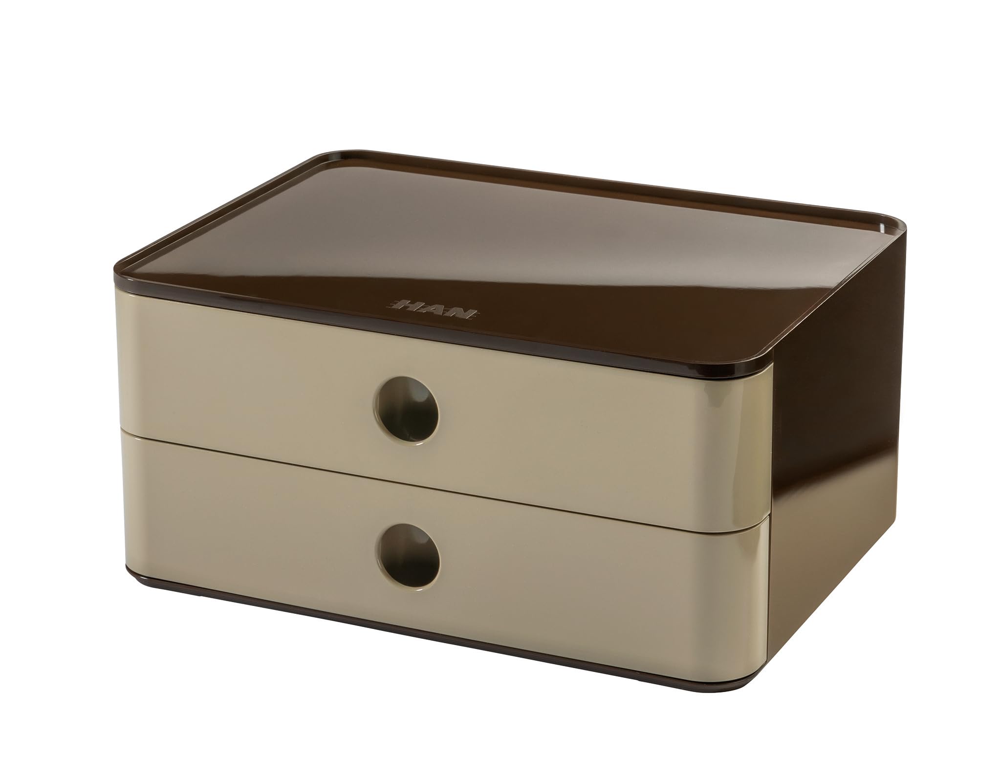 HAN Schubladenbox Allison SMART-BOX mit 2 Schubladen und Trennwand, Kabelführung, stapelbar, Utensilienbox für Büro, Schreibtisch Küche, möbelschonende Gummifüße, 1120-43, hochglänzed hellbraun