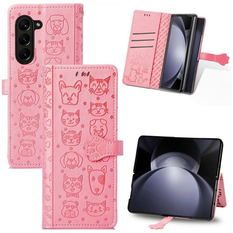 Étui antichoc Galaxy Z Fold 6 en cuir rose avec fentes pour cartes et billets