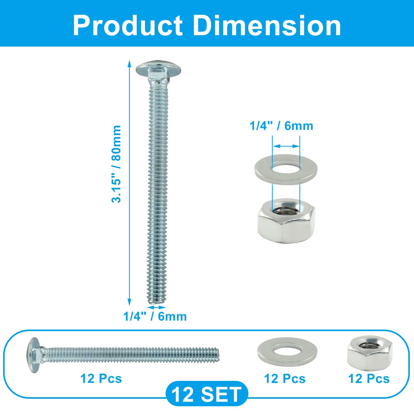 Carriage Bolts Kit - 1/4-20 x 3 Inch -5