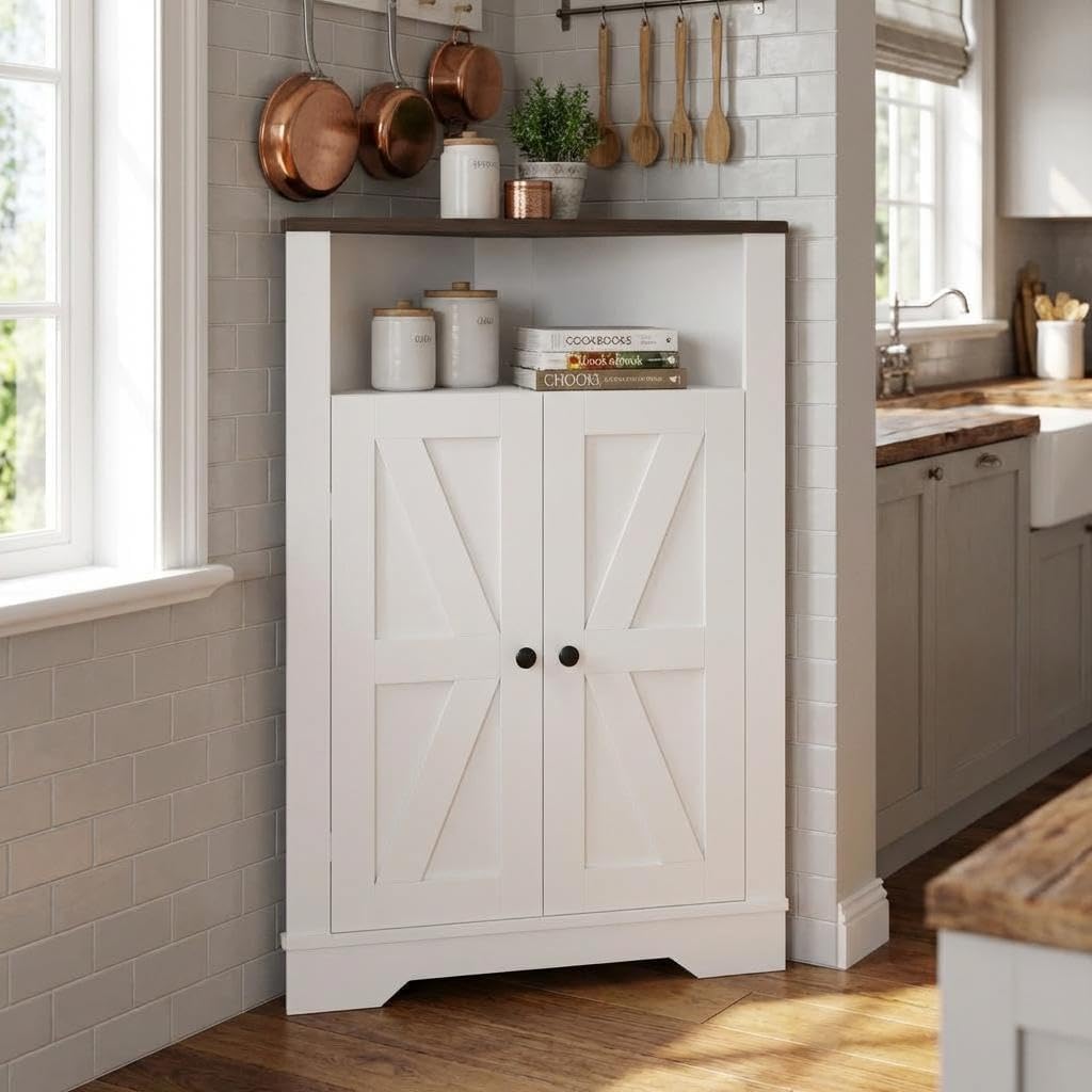 IDEALHOUSE Corner Storage Cabinet, Farmhouse Small Floor Corner Cabinet with Door and Adjustable Shelf, Narrow Cabinet Organizer for Bathroom,Pantry, Living Room, Kitchen