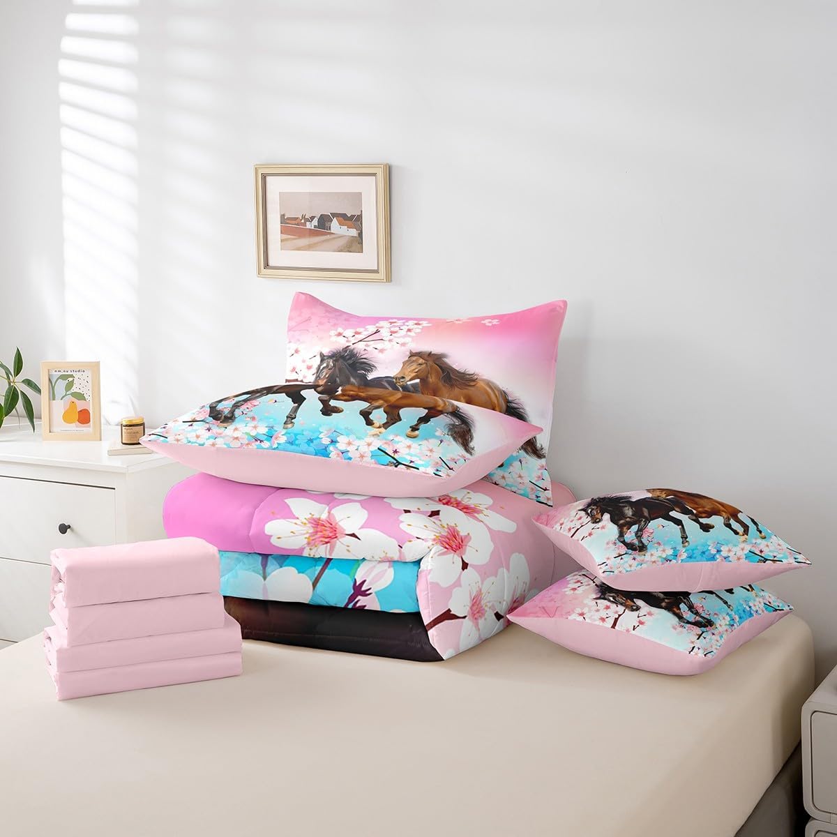 Feelyou Girls Horse Comforter Set Twin Size 7 Pcs West Horses Comforter Bed in a Bag Pink Cherry Blossom Bedding Set for Women Teens Farmhouse Western Bed Set with Sheets, Pillowcases, Pillow Covers