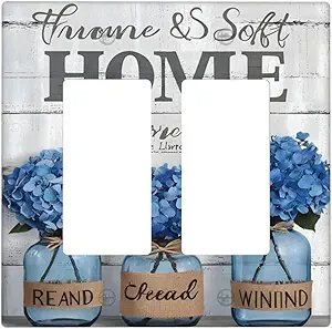 Decorative Outlet Covers Blue Flower Bottles Wood Plank 2 Gang Wall Plate Double Rocker Two Switch Wall Cover Plate Jumbo Dual Gfci Faceplate for Bedroom Decor