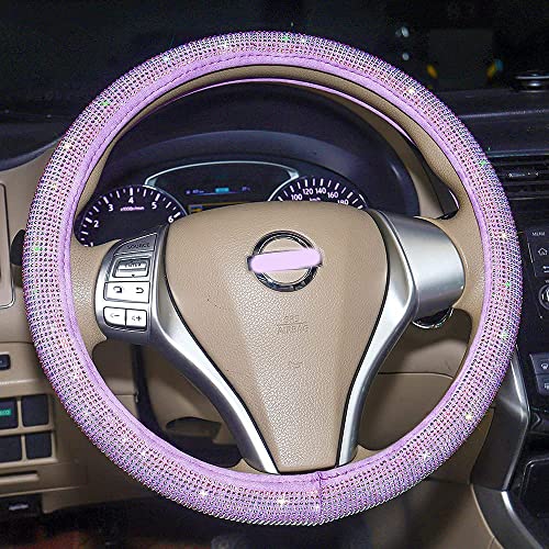 Car Fuzzy Bling Steering Wheel Cover For Women Purple, 15 Inch Universal With Colorful Diamonds Rhinestone Cute Accessories Crystal Anti-Slip Wheel Protectorer #TOP4