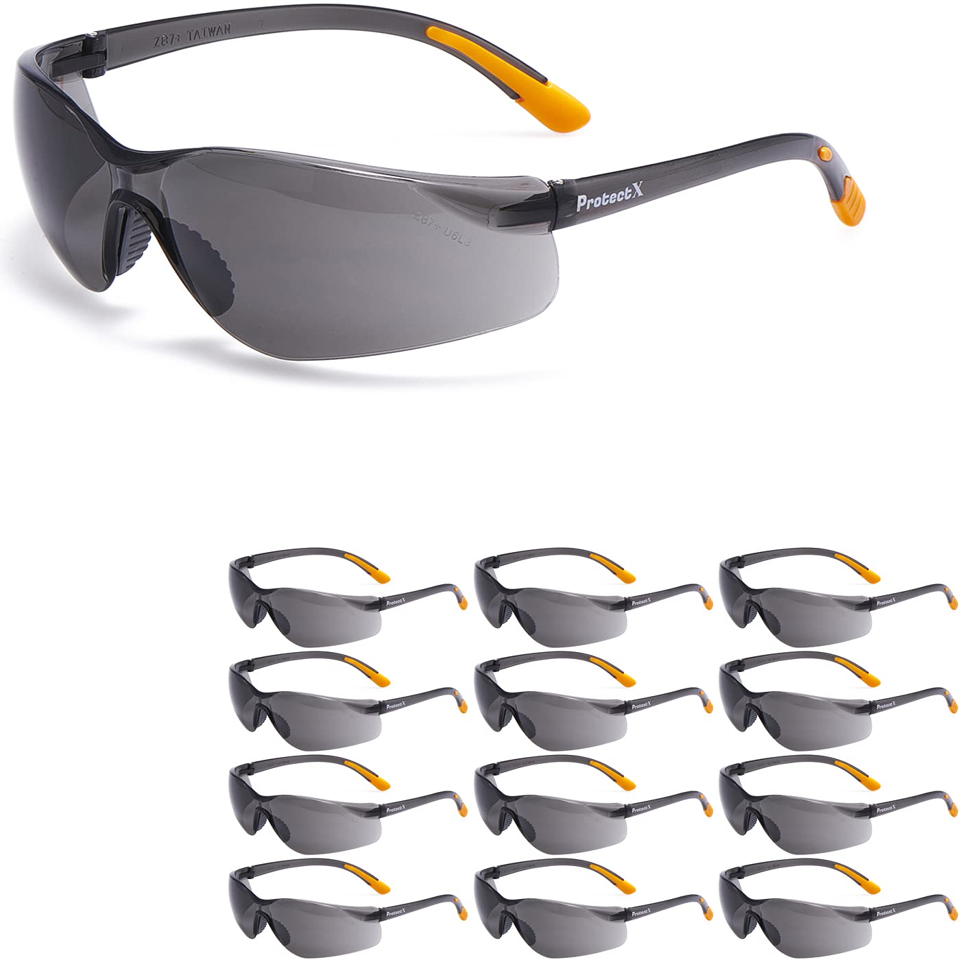 ProtectX Paquete de 12 lentes de seguridad para hombres y mujeres, lentes de sol de seguridad con lentes ahumadas tintadas antivaho, resistentes a los arañazos, agarres de goma naranja antideslizantes