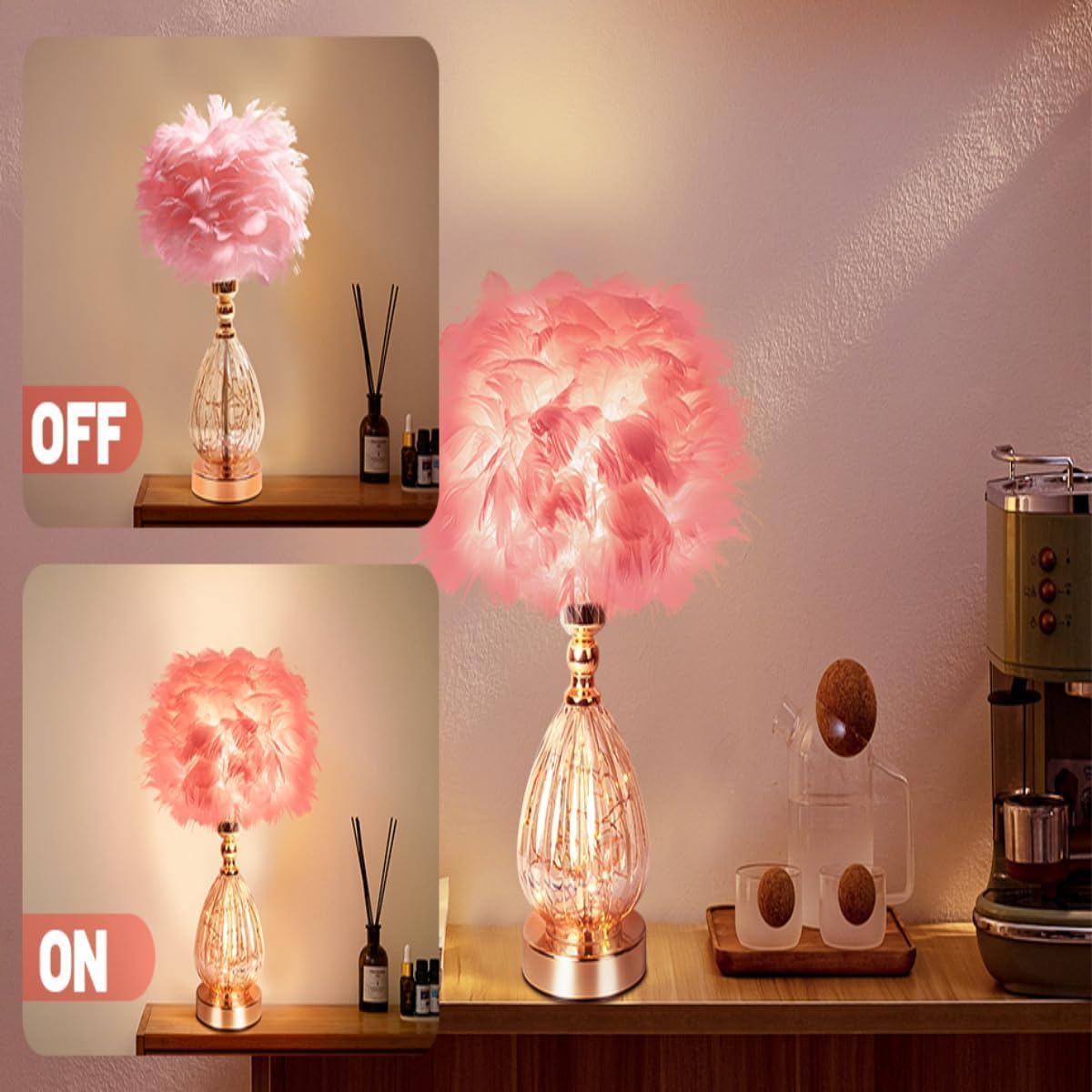 Feather Lamp with 3 Color Temperatures, LED Flicker-Free Soft Illumination, Modern Decor for Bedroom Home Office Desk, Pink