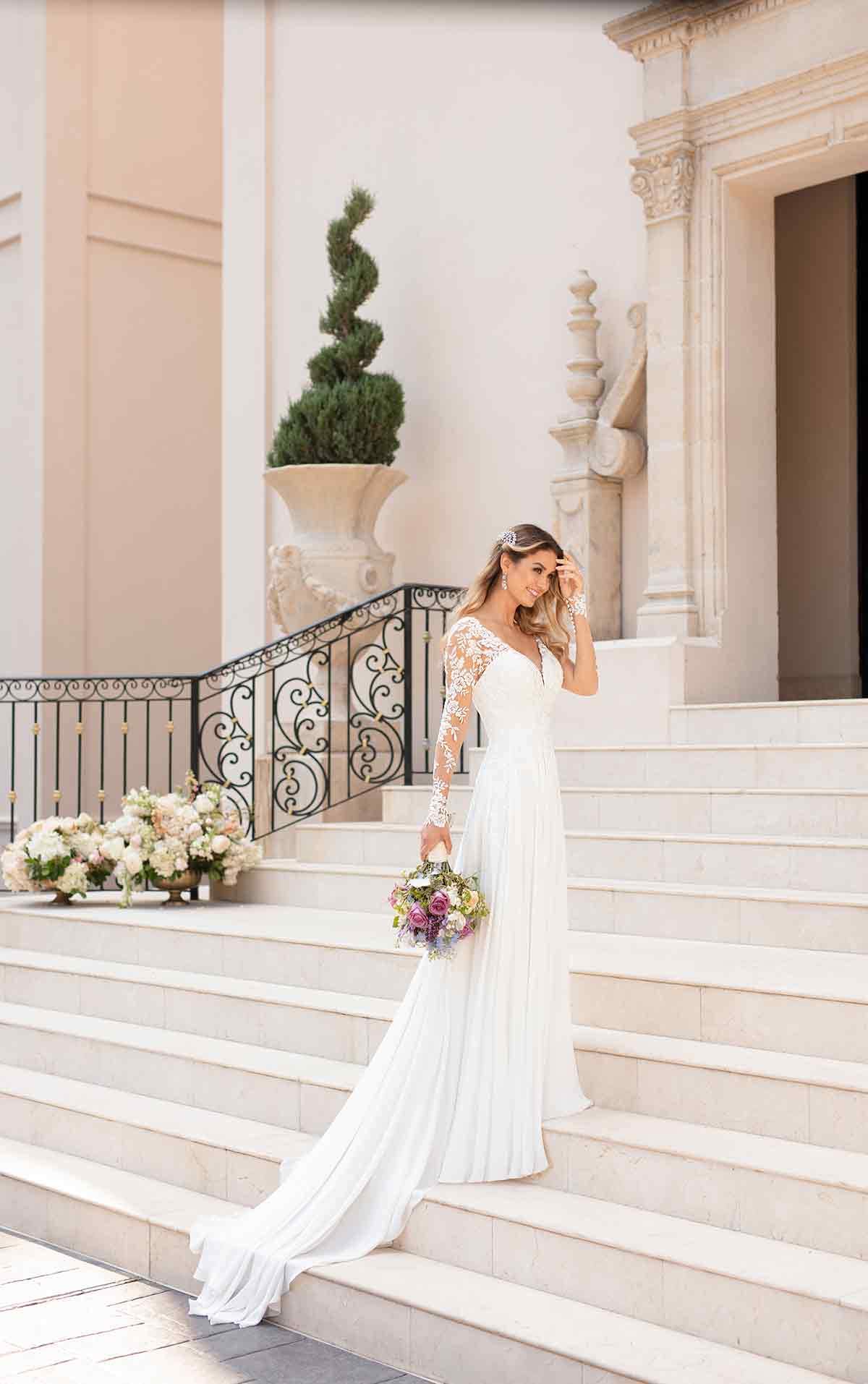 Nanger Robes de mariée col en V et manches longues en mousseline de soie Style bohème