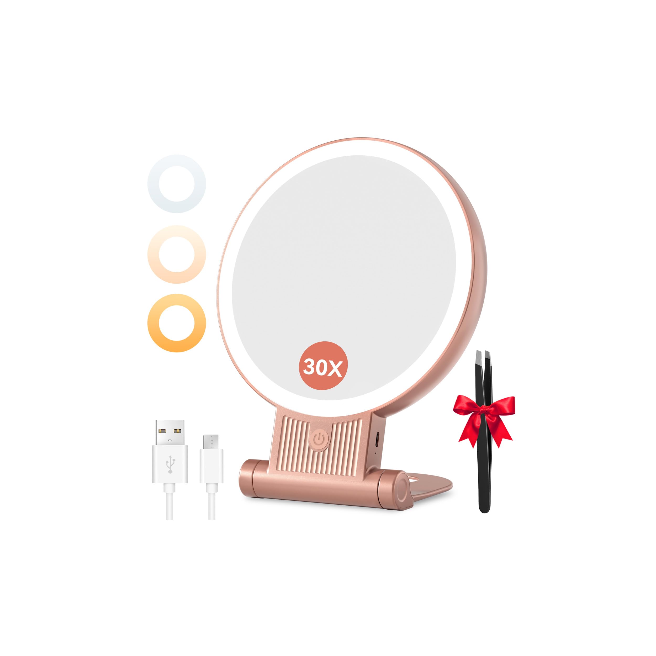 Auxmir 30X Magnifying Mirror, Double Sided 1X /30X Makeup Mirror with Light, Folding Lighted Rechargeable Beauty for Travel, Rotating 3 Color Lights, Dimmable Touch Screen, Rose Gold
