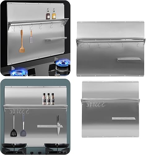 Miniatura 2 de Protector de pared con campana extractora y estante de acero inoxidable, placa de salpicaduras plateada, con estante de almacenamiento integrado y