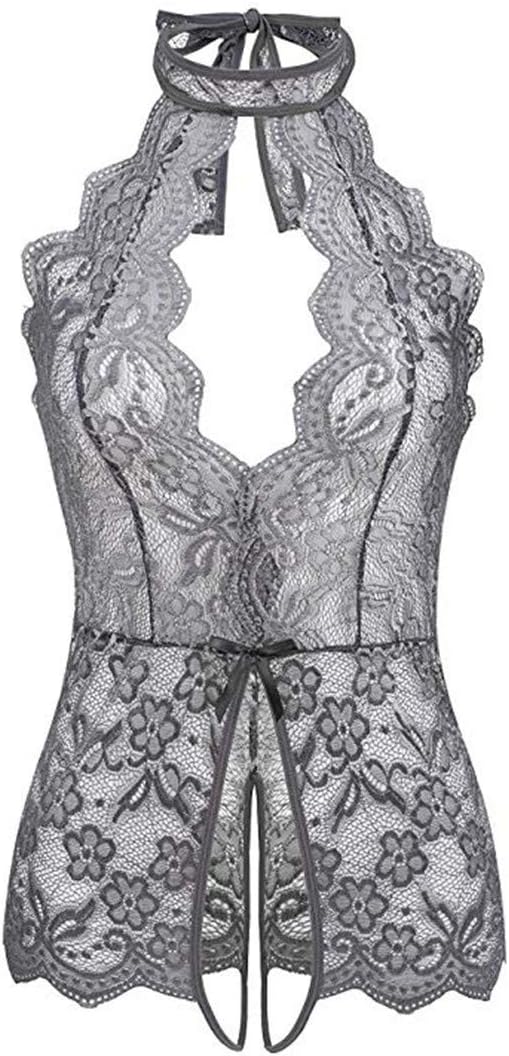 Women One Piece Lingerie Lace Sexy Baby Dolls Teddy Sleepwear Halter Teddy Bodysuit (grey, M)