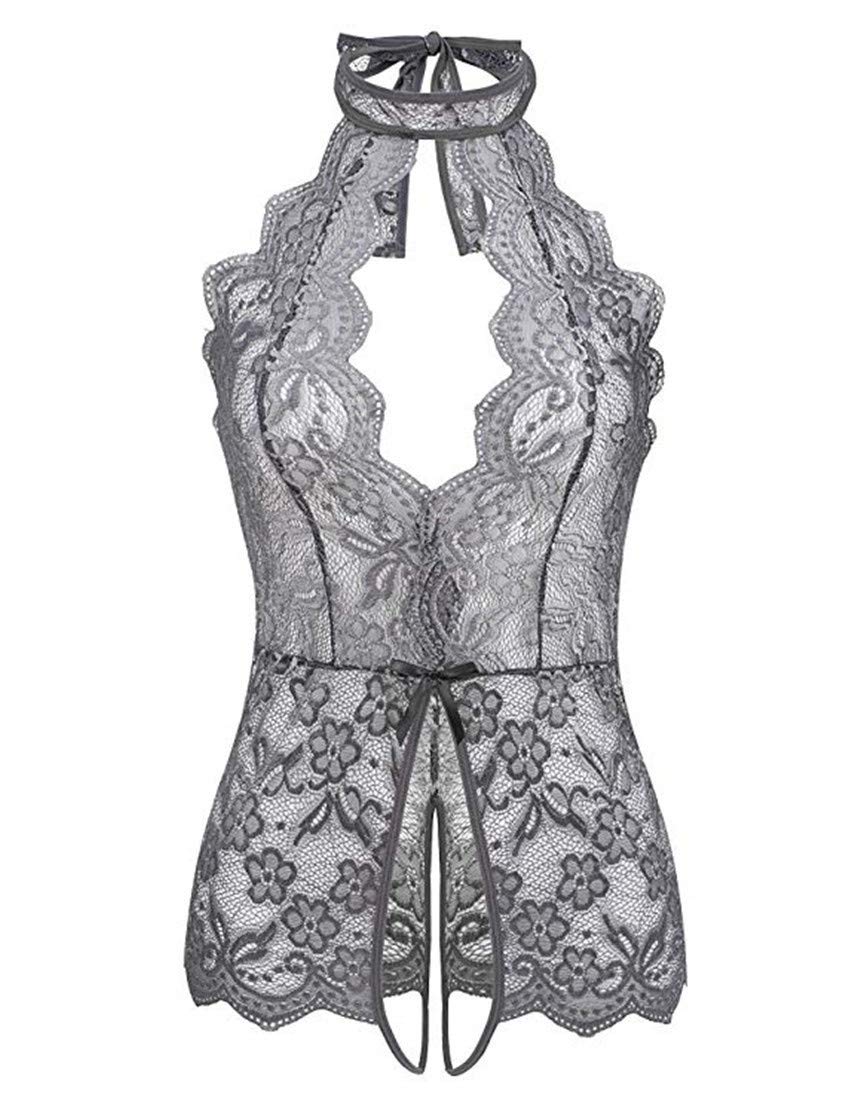 DODOYUEEWomen One Piece Lingerie Lace Sexy Baby Dolls Teddy Sleepwear Halter Teddy Bodysuit (grey, M)