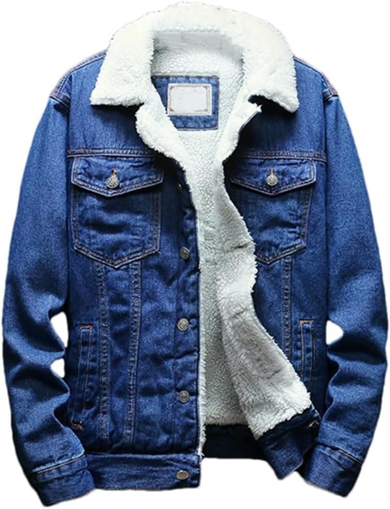 Mens Sherpa Lined Denim Jacket Long Sleeve Jean Cowboy Style Fleece Coat