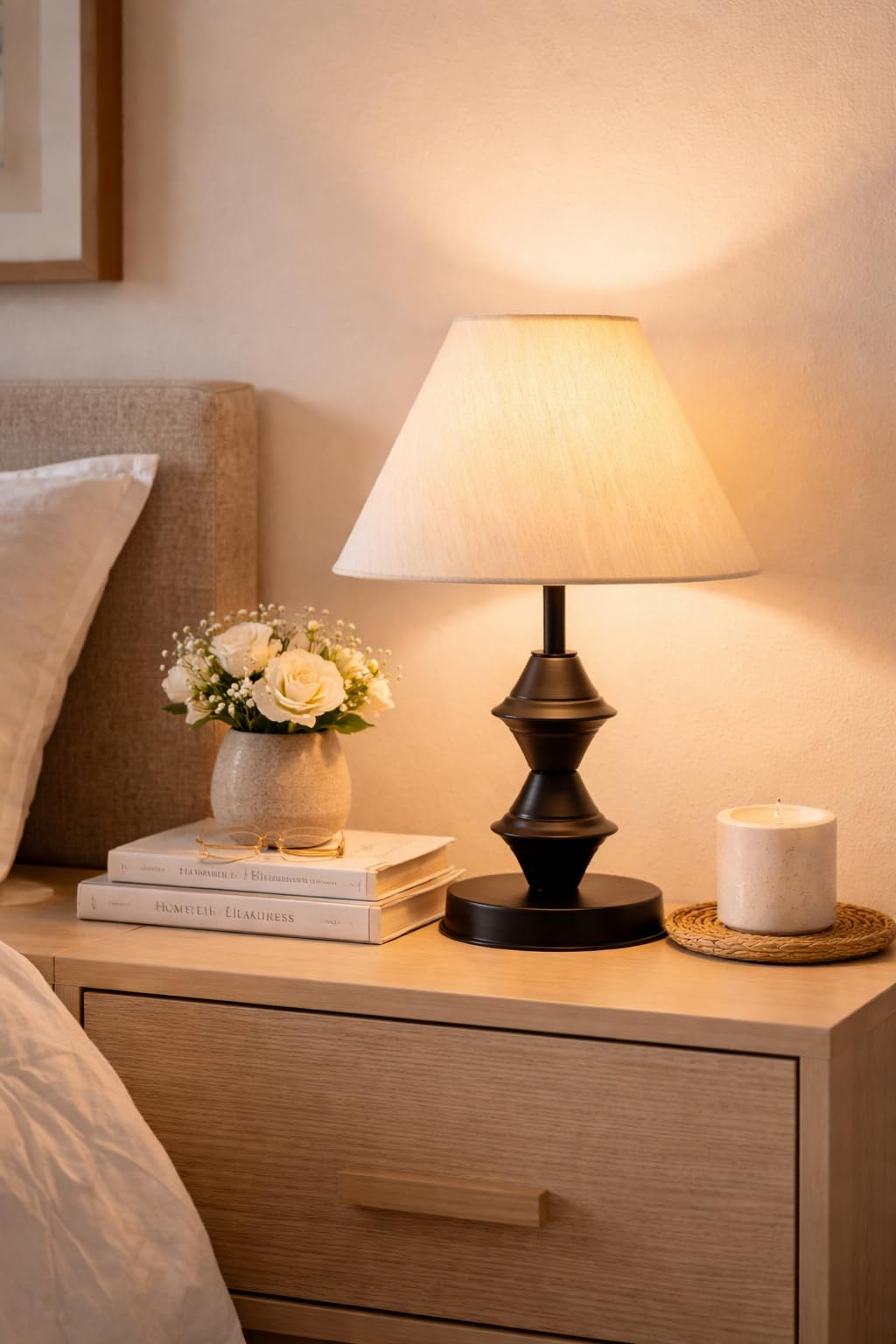 Tu Casa Metal Table Lamp | Off White Shade | Yellow Ambient Light Bedside Lamp for Bedroom Living Room Corner Study Dining Table | Home Décor & Housewarming Gift