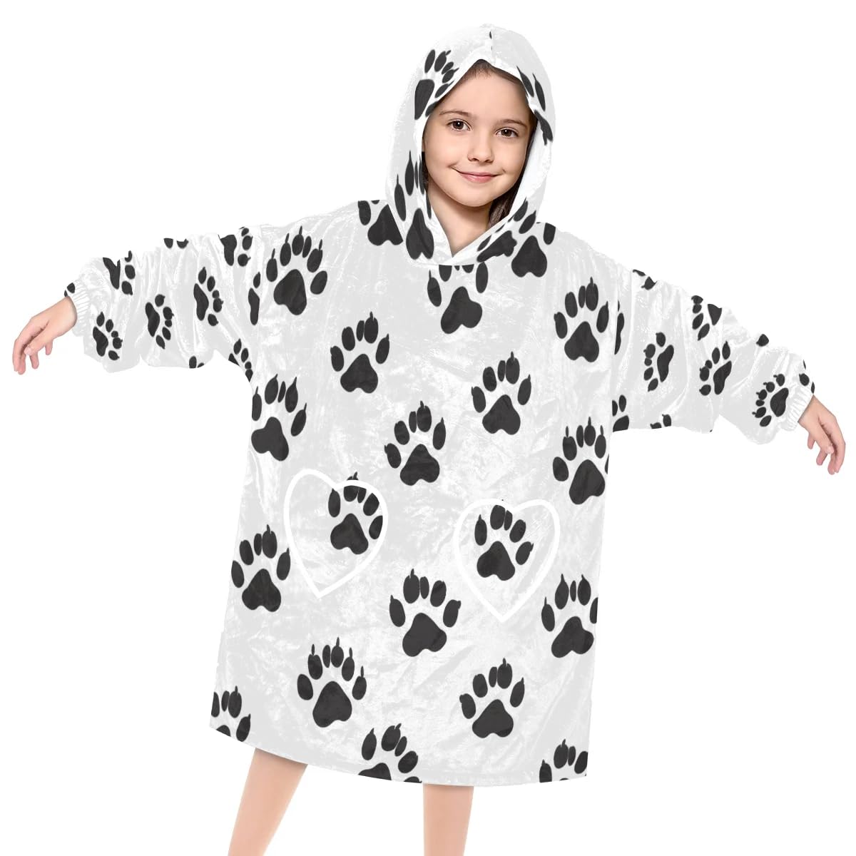 Wearable Blanket Hoodie for Kids, Black cat paw print Fleece Sweatshirt Blanket Black cat footprints Oversized Blanket Sweatshirt with Pocket Flannel Warm Hooded Blanket 6-10 Year Old Girl Boy Gift