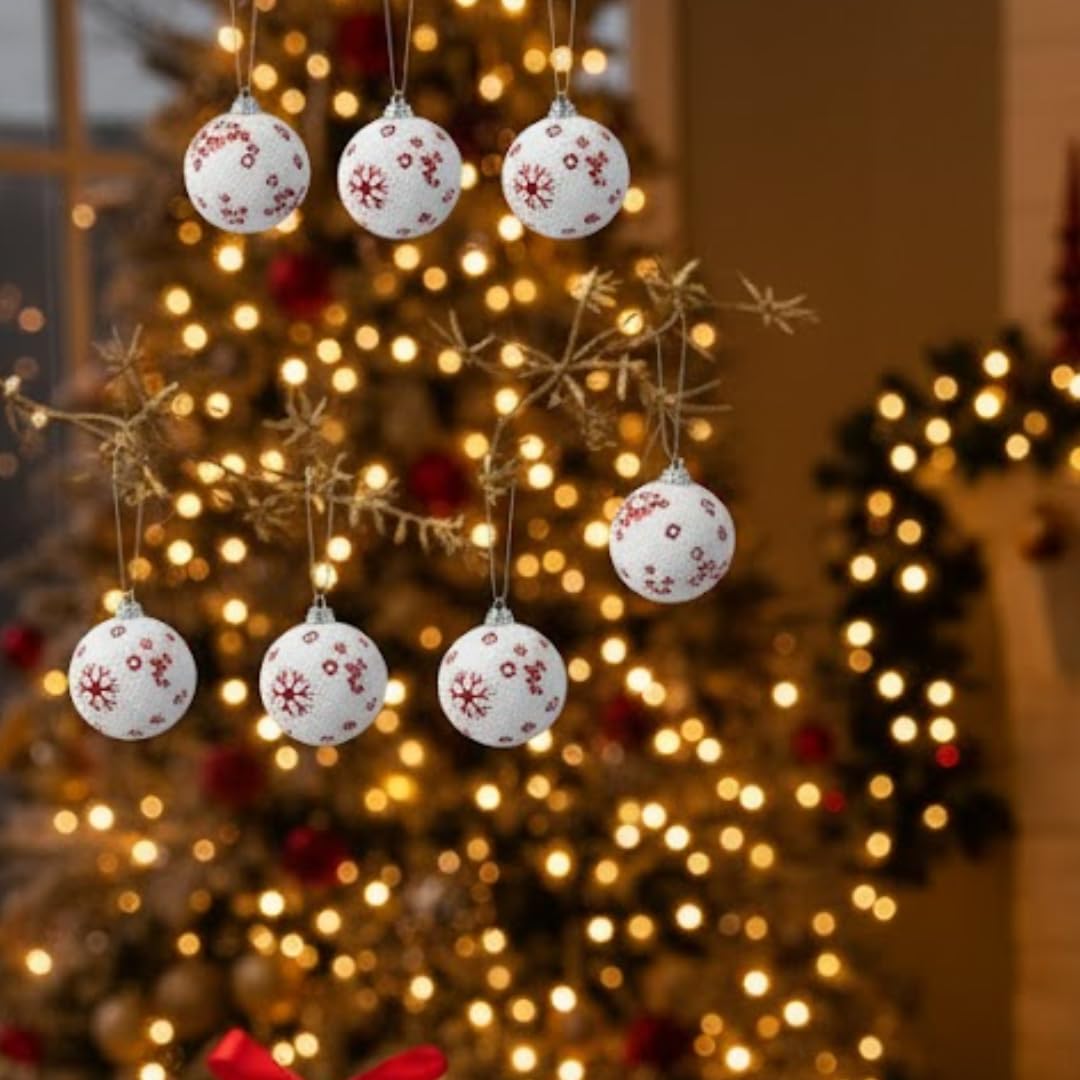 Wanna Party Christmas Glitter White Hanging Ball Ornaments Pack of 6 | Red Snowflake Xmas Tree Decoration Balls for Holiday Home, Party & Festive Celebration Decor 3