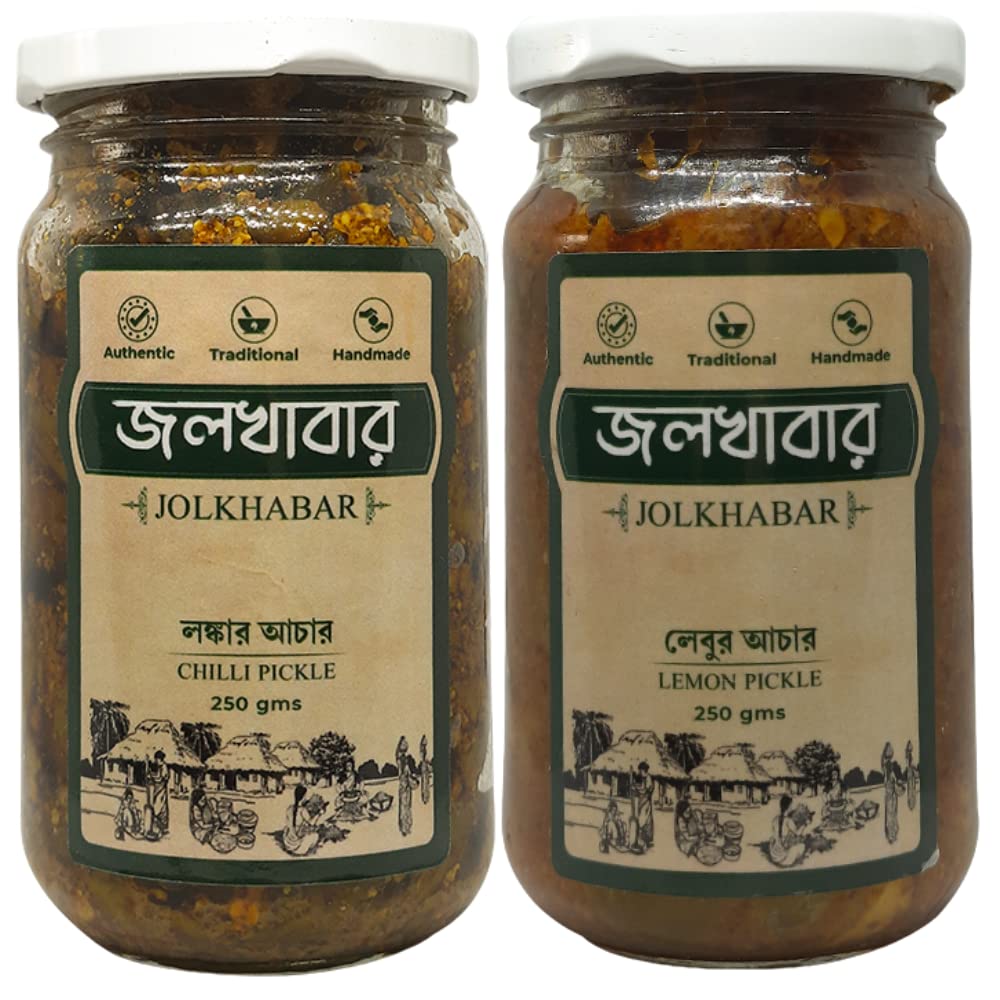 JOLKHABAR Lonka Er Aachar - Lebu Er Aachar | Chilli Pickle - Lemon Pickle | Authentic Traditional Handmade | Bengali Recipe | 500Gms Pack (250 Gms Each) | Pack Of 2