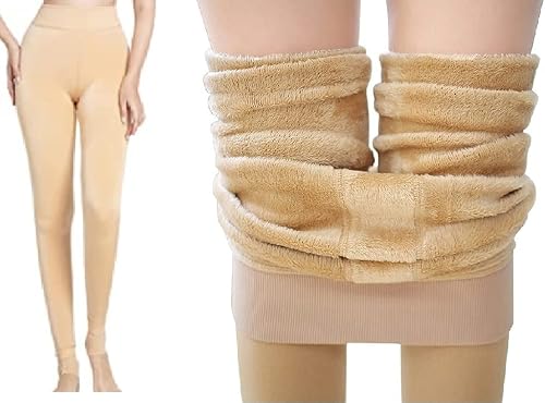 Alexvyan Ankle Length (24 to 36 Waist) Stretchable Fleece Women Warm Thick Fur Lined Fleece Winter Thermal Soft Legging Tights Stocking - Slim Fit (Beige)