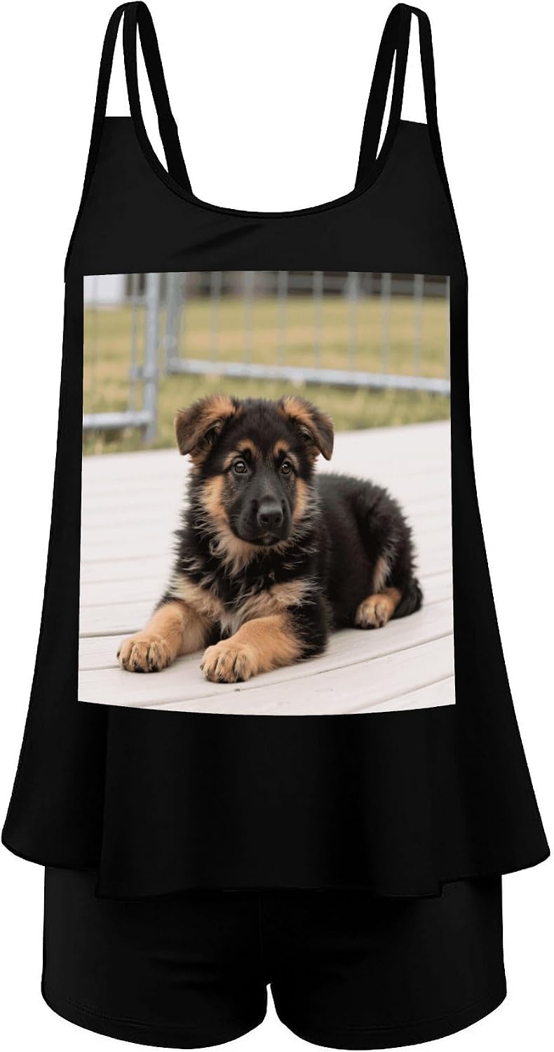 German Shepherd Puppies Tankini Swimsuits for Women Tummy Control Two Piece Bathing Suits Swim Tops with Boy Shorts