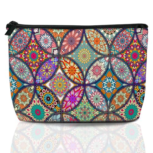 Boho Mandala Travel Makeup Bag,Vintage Flower Cosmetic Bags Small Waterproof Zipper Women Purse Mini Portable Traveling Organizer Pouch for Ladies Thanksgiving Gifts - Main Image