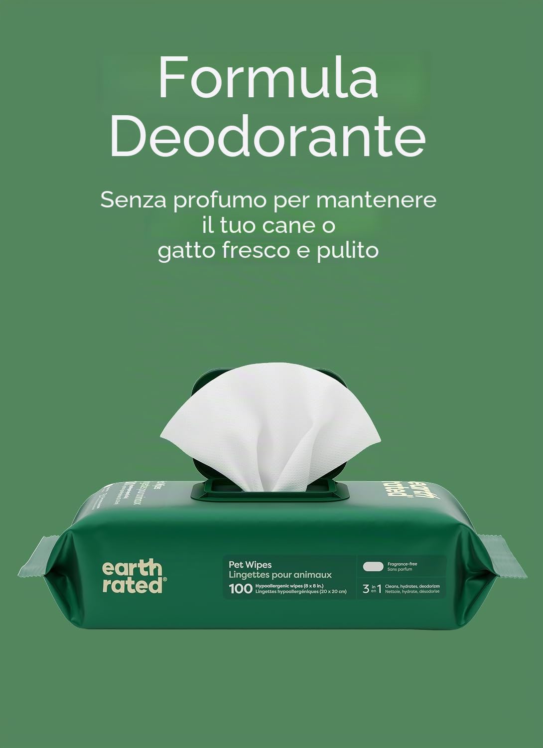 Earth Rated Salviette ipoallergeniche per Cani, puliscono ed eliminano Gli odori da Zampe, Corpo e Sedere, Senza Profumo, 100 Pezzi
