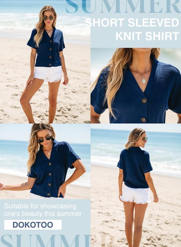 Image of Dokotoo Womens Summer Tops 2026 Waffle Knit Button Down Shirts | Trendy,V Neck,Loose Fit,Jacket,Short Sleeve,Summer Cardigan,Cropped,Shacket,Going Out Outfits,Dressy
