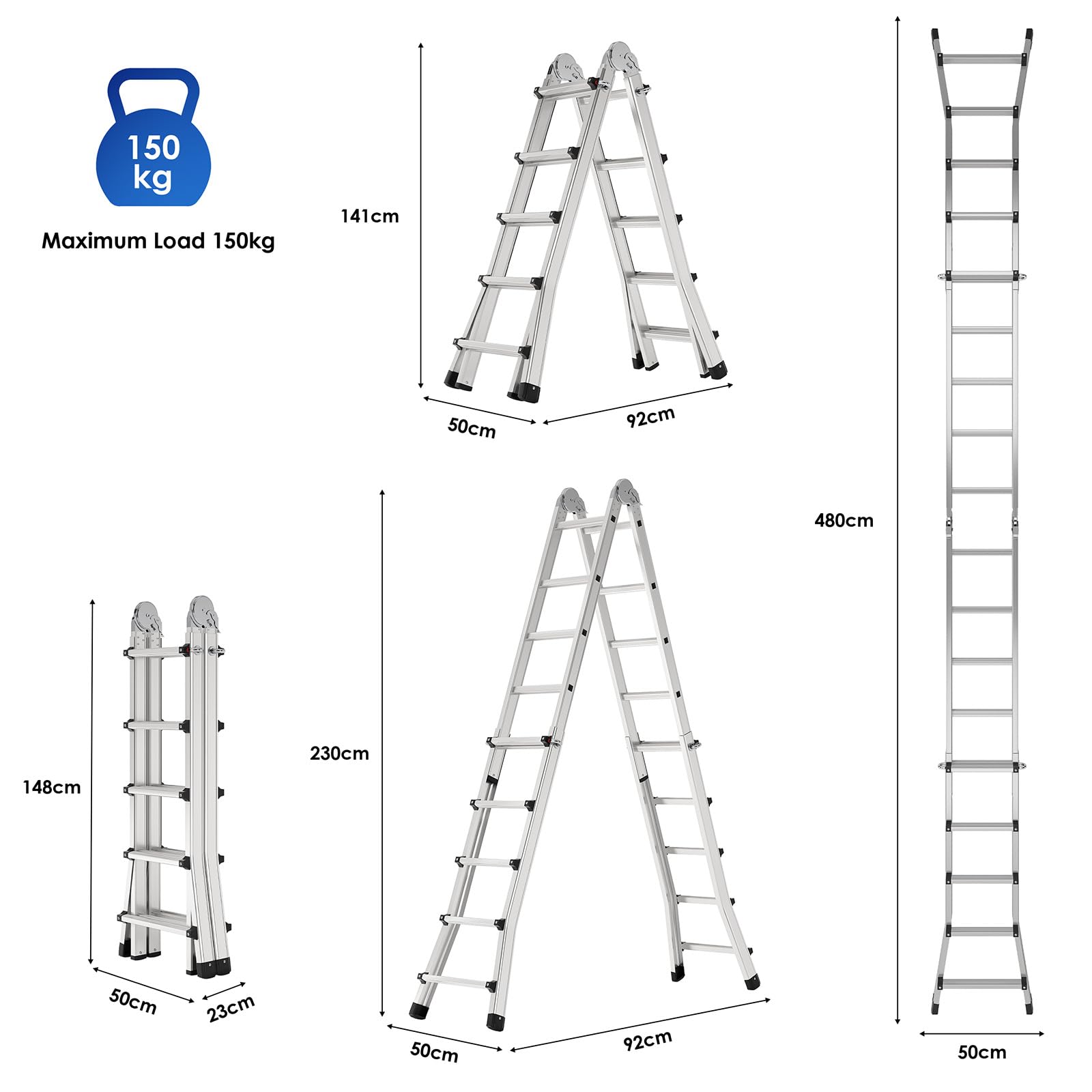 TLGREEN Escalera telescópica de Aluminio, 5 x 4 peldaños, 4.8 m, Escalera multifunción de Aluminio, Escalera articulada, Plegable, Escalera de Caballete, Multiusos, hasta 150 kg