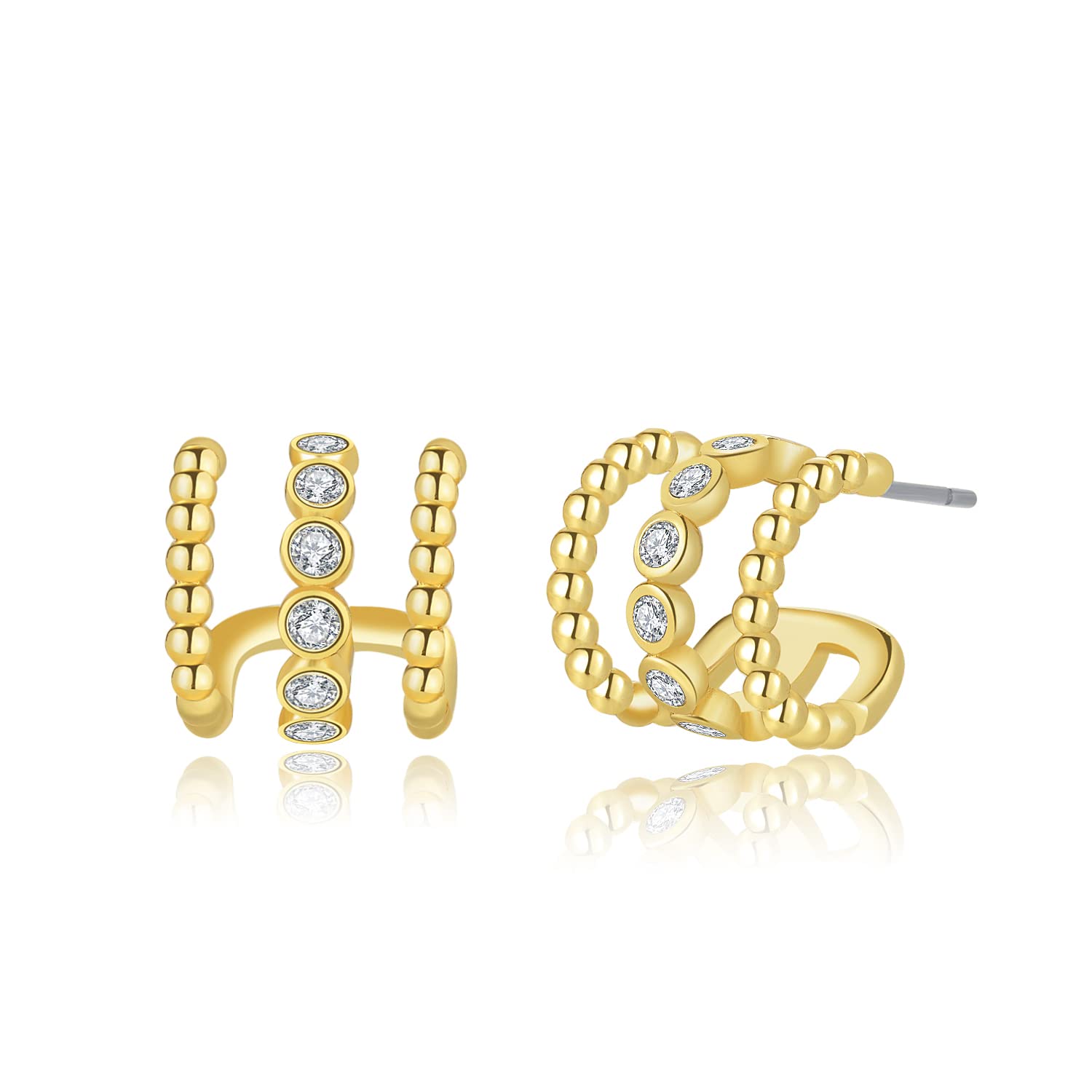 Obidos14K Gold Plated Triple Huggie Illusion Stud Earrings | Double Huggie Hoop Earrings for One Hole | Gold Hoop Earrings for Women