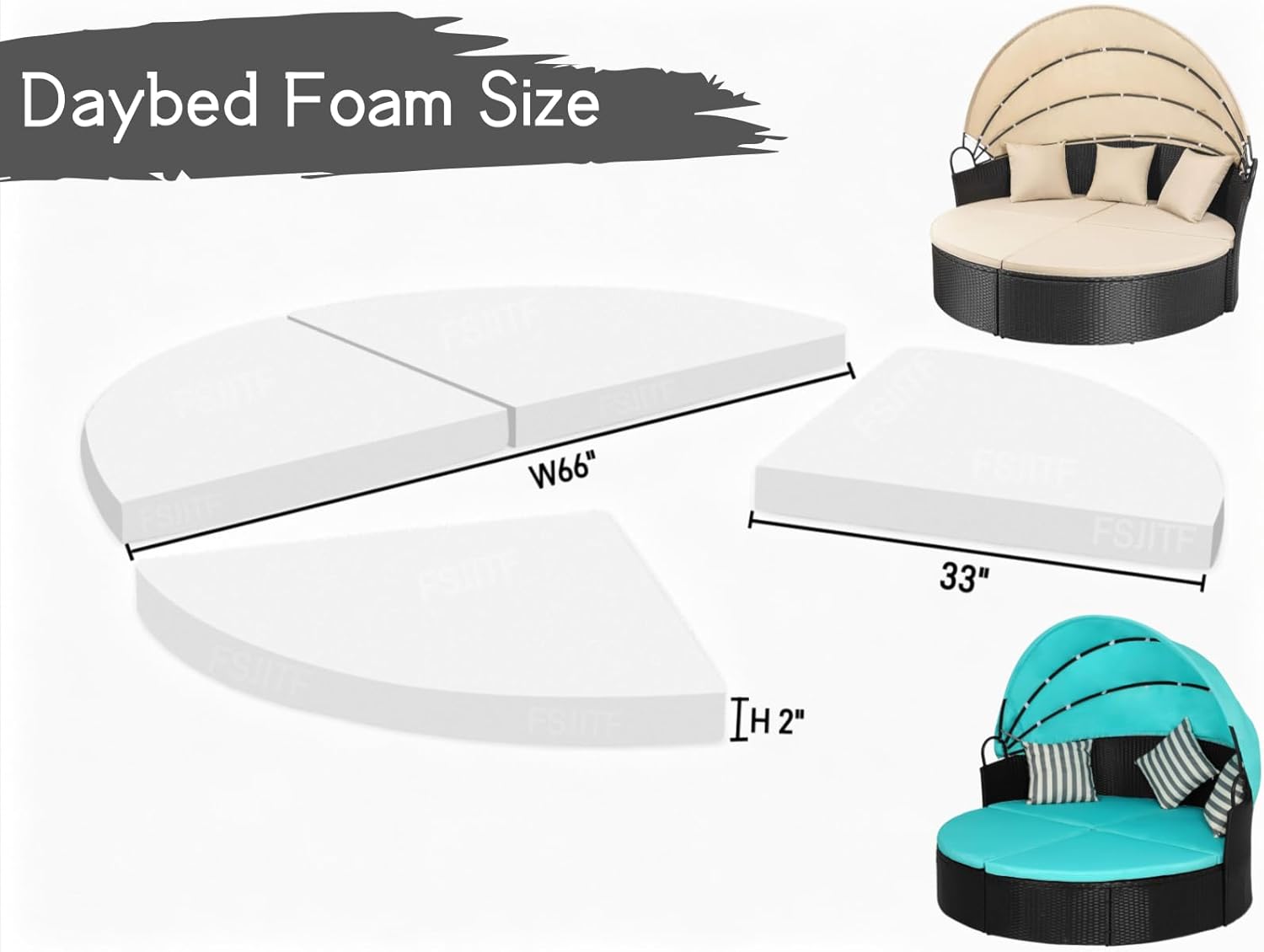 Outdoor Rattan Furniture Round Daybed 66" 4 in 1 Replacement High-Density Foam Cushion.for Outside Garden Wicker Lounge Sunbed Mattress