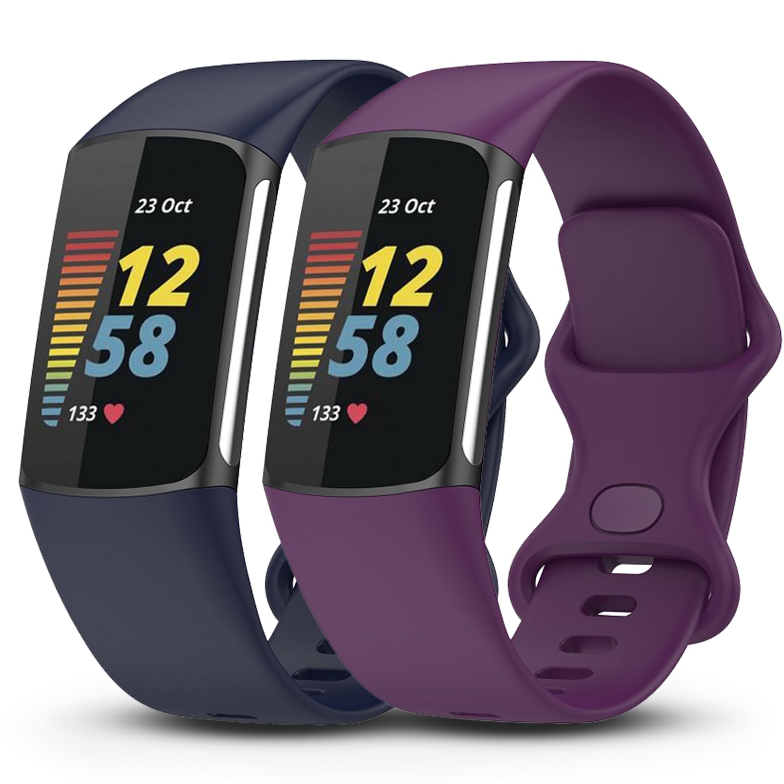 Garmcool 2 Pack Strap Compatible with Fitbit Charge 6 / Charge 5 Straps, Adjustable Replacement Silicone Sport Bands for Women Men/Dark Blue, Deep Purple, Small