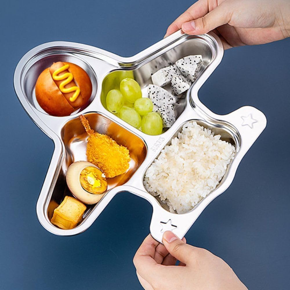 GNASTAS Stainless Steel Bus Plate for Kids Meal Plate Tray, Baby Feeding Set, BPA-Free Kids Dinner Plate, Unbreakable Stainless Steel Plates for Toddlers, Kids 1pc (Aeroplane Food Plate)-image-33