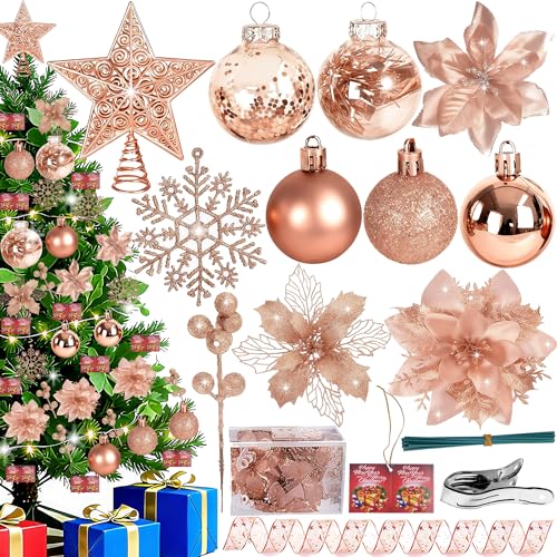 76Pcs Christmas Tree Decorations Set, Rose Gold Hanging Ornaments w/Bulk Shatterproof...