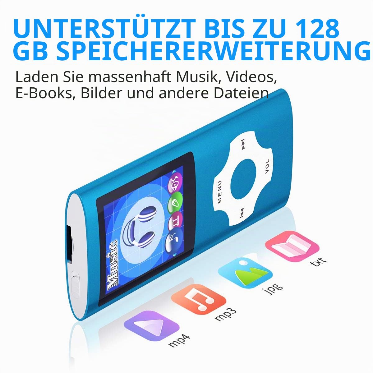 MYMAHDI Bluetooth 5.0 MP3/MP4-Player mit 32 GB Speicherkarte, 1,8 Zoll LCD-Bildschirm, unterstützt bis zu 128 GB, Video/Sprachaufnahme/FM-Radio/E-Book-Reader/Fotobetrachter, Dunkelblau