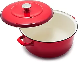 Merten & Storck 7QT Round Dutch Oven Casserole Pot with Lid, European Crafted Enameled Iron Stockpot, Induction & All Cooktops, Braising, Stews, Roasting, Slow Cooking, Sourdough, Foundry Red