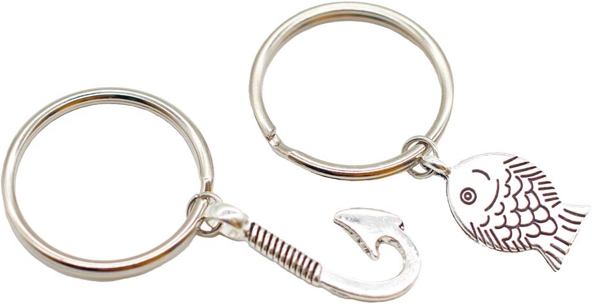 Father's Day Keychain Gift, Silver Fish Charm and Fish Hook Charm Couples Keychain Set, 2 Rings Key Chain for Dad Men - A Great Catch, I'm Hooked on You Standard