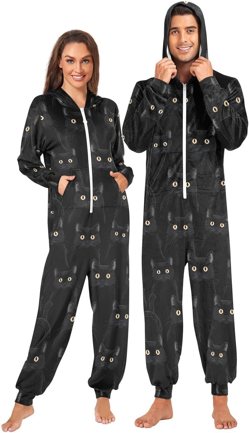 ZZKKO Black Cats and Yellow Eyes Adult Onesie Pajamas for Women Men Cozy One Piece Pajamas Costume Zip-Up Hooded S-XL