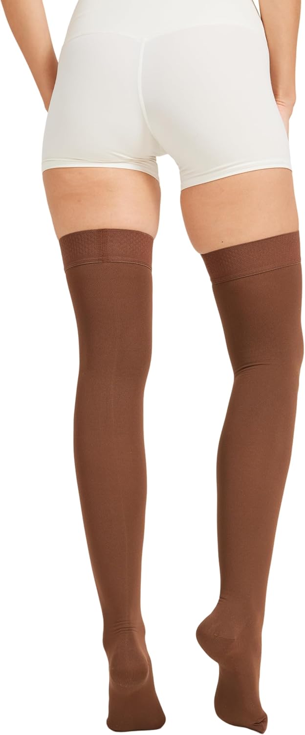 NURCOM 15-20 mmHg Medical Compression Stockings with Dot Silicone Band, Closed Toe Thigh High Compression Socks for Women & Men, Graduated Support Stockings for Varicose Veins,Edema,Brown,Large